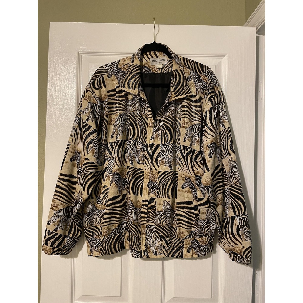 Vintage Jackets Galore Jacket Womens Large Beige Zebra Print Glitter Zip Bomber